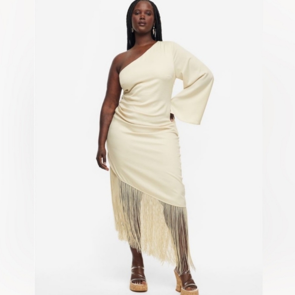 H&M Cream One-Shoulder Fringe Midi Dress - Picture 5 of 6